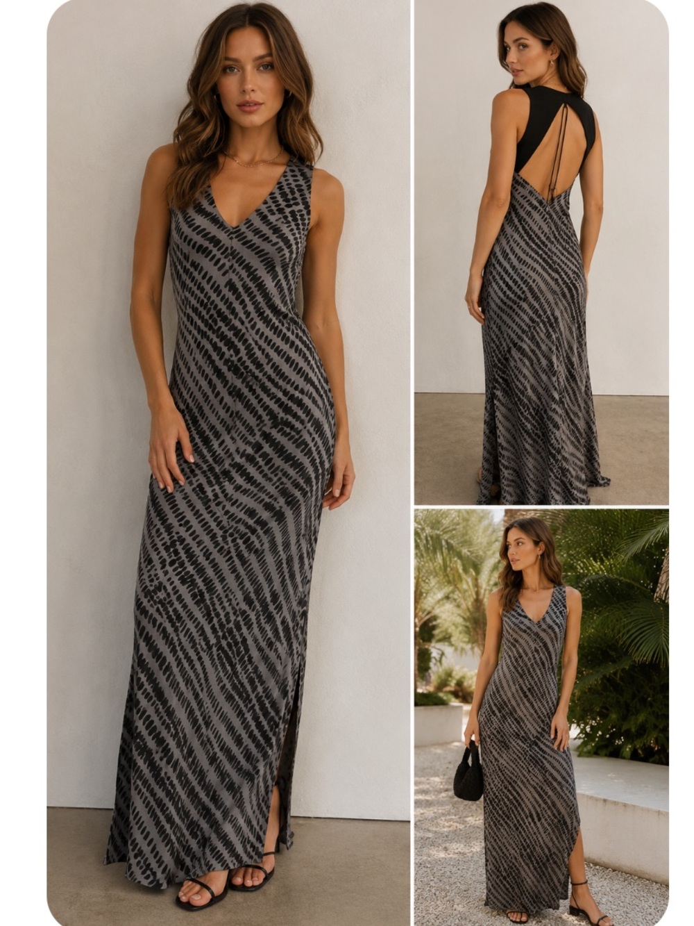 Lotus Eaters “Les Nisos” Print Open Back Maxi Dress Gray/Black Xs